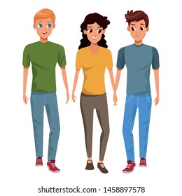 Young couple and friend smiling with casual clothes cartoons isolated vector illustration graphic design