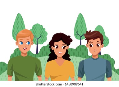Young couple and friend smiling with casual clothes cartoons in the nature landscape background ,vector illustration.