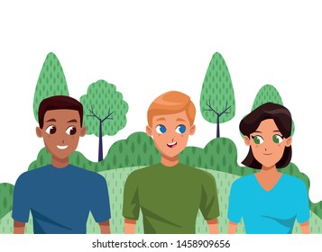 Young couple and friend smiling with casual clothes cartoons in the nature landscape background ,vector illustration.