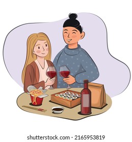 young couple friends a asian guy and a blonde Slavic girl on a date meeting in a cafe restaurant eat sushi and drink wine. non-traditional lgbt family  flat vector stock isolated on white 