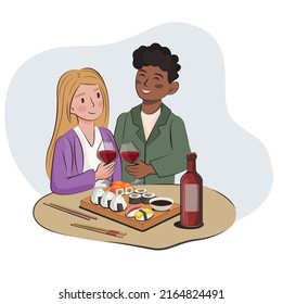 young couple friends a dark-skinned guy and a blonde Slavic girl on a date meeting in a cafe restaurant eat sushi and drink wine. non-traditional lgbt family  flat vector stock isolated on white 