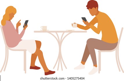 Young couple or friends distracted by their smartphones on a date. Girl and boy disconnected and paying no attention to each other. Boring date, lack of interest. Disconnection concept