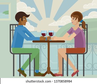 Young couple or friends drinking wine at a beach sea side restaurant cartoon
