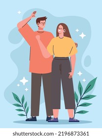 young couple friends with leafs