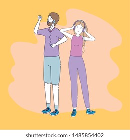 young couple friends listen music with player