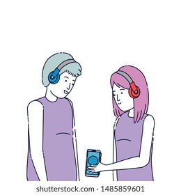 young couple friends listen music with player