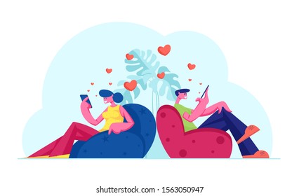 Young Couple Friends or Lovers Communicating by Smartphones, Man and Woman Using Gadget for Chatting, Texting Messages Each Other via Internet, Social Media Networking. Flat Vector Illustration