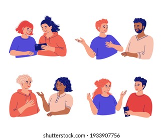 Young couple of friends of men and women are emotionally talking to each other. A group of diverse people, happy teenagers smiling and talking. Vector illustration isolated on white background.