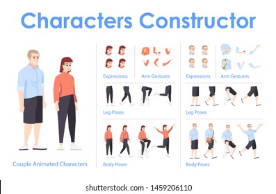 Young couple front view animated flat vector characters design set. Сharacter animation creation cartoon pack. Man and woman constructor with various face emotion, body poses, hand gestures, legs kit