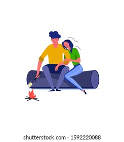 Young couple frying marshmallow. Couple, romance, flirt, date flat vector illustration. Leisure activity and free time concept for banner, website design or landing web page