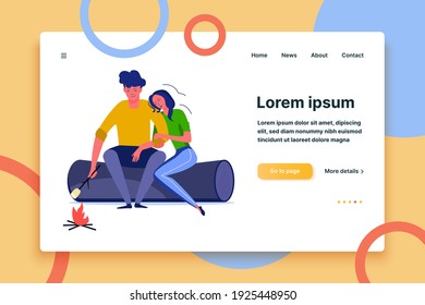Young couple frying marshmallow. Couple, romance, flirt, date flat vector illustration. Leisure activity and free time concept for banner, website design or landing web page