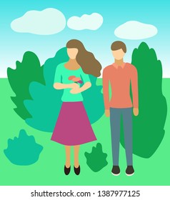 Young couple in a garden, in a park. 
Vector illustration. 