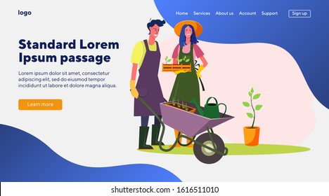 Young couple gardening together. Man and woman wheeling seedlings in wheelbarrow flat vector illustration. Outdoor activity, cultivation, farming concept for banner, website design or landing web page