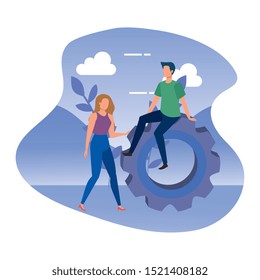young couple with gear in landscape vector illustration design