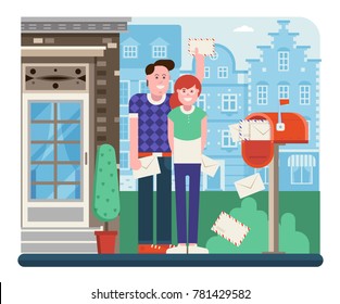 Young Couple Getting Mail From Mailbox Full Of Envelopes. Man And Woman Receiving Letters Near Opened Postbox. City Postal Service And Check Correspondence Concept Illustration.