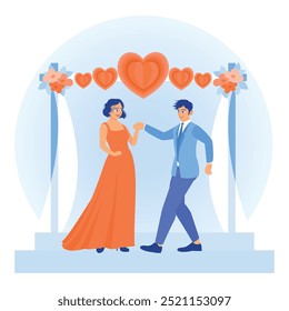 Jovem casal se casando. Homens e mulheres usam ternos e vestidos decorados com formas de coração. Conceito de atividade de estilo de vida familiar. Ilustração de vetor plano.