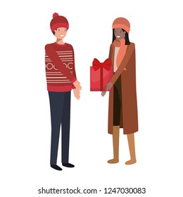 young couple with gift box avatar character