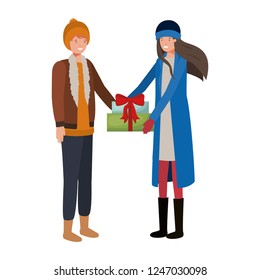 young couple with gift box avatar character