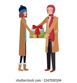 young couple with gift box avatar character