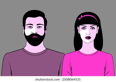 Young couple, girl and bearded man full face, in casual clothes. Couples in love, men and women in evening wear, dress code, party, holiday. Illustration of modern city life. Vector illustration