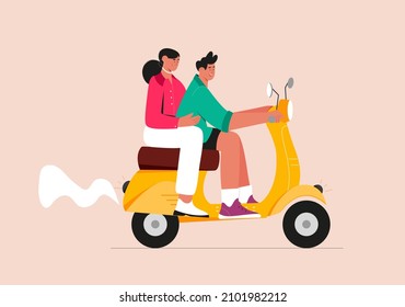 Young couple girl and a guy having fun riding a vintage scooter. Flat vector illustration.