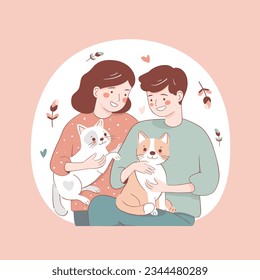 Young couple girl and guy holding cute cats in their arms, flat style illustration.