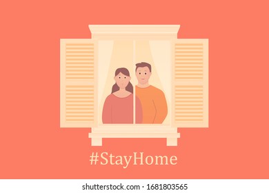 Young couple - girl and guy look out the window. People stayed home for coronavirus spread prevention or virus protection. Stay home campaign concept. People COVID 19 quarantine. Vector illustration