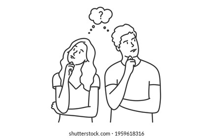 Young couple girl, guy think holding chin. Hand drawn vector illustration.