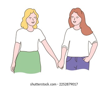 A young couple girls hugging  looking at each other  Two lesbians in love and each other  holding hands  The concept homosexuality  equality rights  Vector line graphics  freehand drawing 