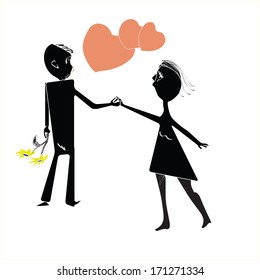 the young couple giving hands to each other, vector and illustration in cartoon like, primitive, doodle manner