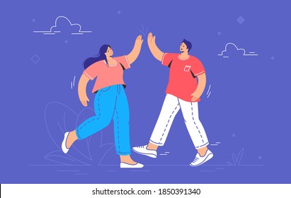 Young couple giving a high-five. Concept vector illustration of two friends meeting each other outdoors and giving a high five. Friendship and live communication for people isolated on purple