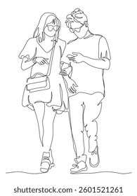 Young couple in glasses using phone and walking arm in arm. Woman wear mini dress. Front view. Continuous line drawing. Black and white vector in line art style.