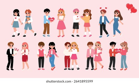 young couple go on a date, boy give heart, lover hand in hand, cute girl character sent love letter, man surprise give flower bouquet, male and female cartoon hold hand, girlfriend and boyfriend flirt