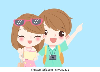 young couple go to travel and smile happily on the blue background