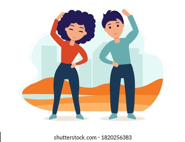 Young couple goes in for sports on the street. Yoga practice. Vector illustration in flat style. Man and woman are active outdoor