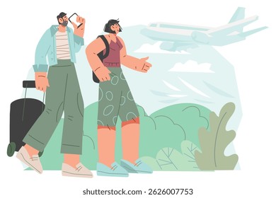 Young couple going on adventure with flights via airlines. People in airport area going on dream vacation, flat vector illustration isolated on white.