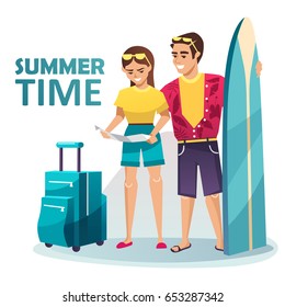 Young couple going on a summer trip. Vector cartoon illustration