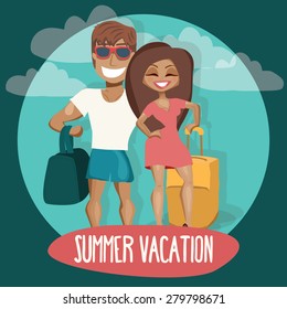 Young couple going on vacation. Vector illustration