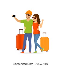 young couple going to vacations, taking selfie 