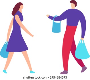 Young couple guy and girl have fun running in supermarket with shopping bags. Happy man and woman in store with purchases. Holiday sales shop retail consumer concept vector isolated illustration