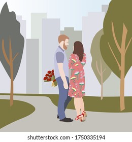 Young couple guy and girl in love with each other. A young man gives a bouquet of flowers, makes an offer to his half. Scene in the park against the backdrop of the city. life after quarantine.