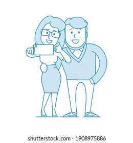 Ein junges Paar, ein Typ und ein Mädchen nehmen sich mit einem Handy selbst. Illustration im Strichstil. Vektorgrafik