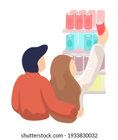 Young couple guy hugs girl in supermarket. Woman chooses aluminum can of soft drink on store shelf. Relationships and shopping vector eps isolated illustration