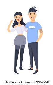 Young couple. Hand drawn asian woman and man. Flat style vector illustration family. Cartoon characters isolated on white background
