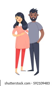 Young couple. Hand drawn asian pregnant woman and black man. Flat style vector illustration family. Cartoon characters isolated on white background