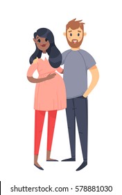 Young couple. Hand drawn black pregnant woman and white man. Flat style vector illustration family. Cartoon characters isolated on white background