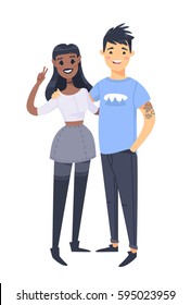 Young couple. Hand drawn black woman and asian man. Flat style vector illustration family. Cartoon characters isolated on white background