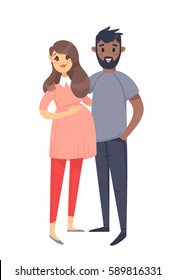 Young couple. Hand drawn white pregnant woman and black man. Flat style vector illustration family. Cartoon characters isolated on white background