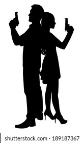 young couple with handguns, vector
