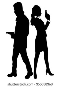 young couple with handguns, vector